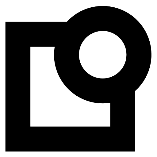 A bold black square overlaps with a large black circle in the top right corner, with the circle containing a smaller white circle inside it; the background is white.