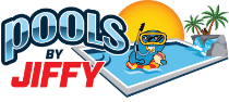 Logo for Pools by Jiffy featuring bold text, a cartoon blue character wearing snorkel gear in a pool, a sunset, palm trees, and a small waterfall in the background.